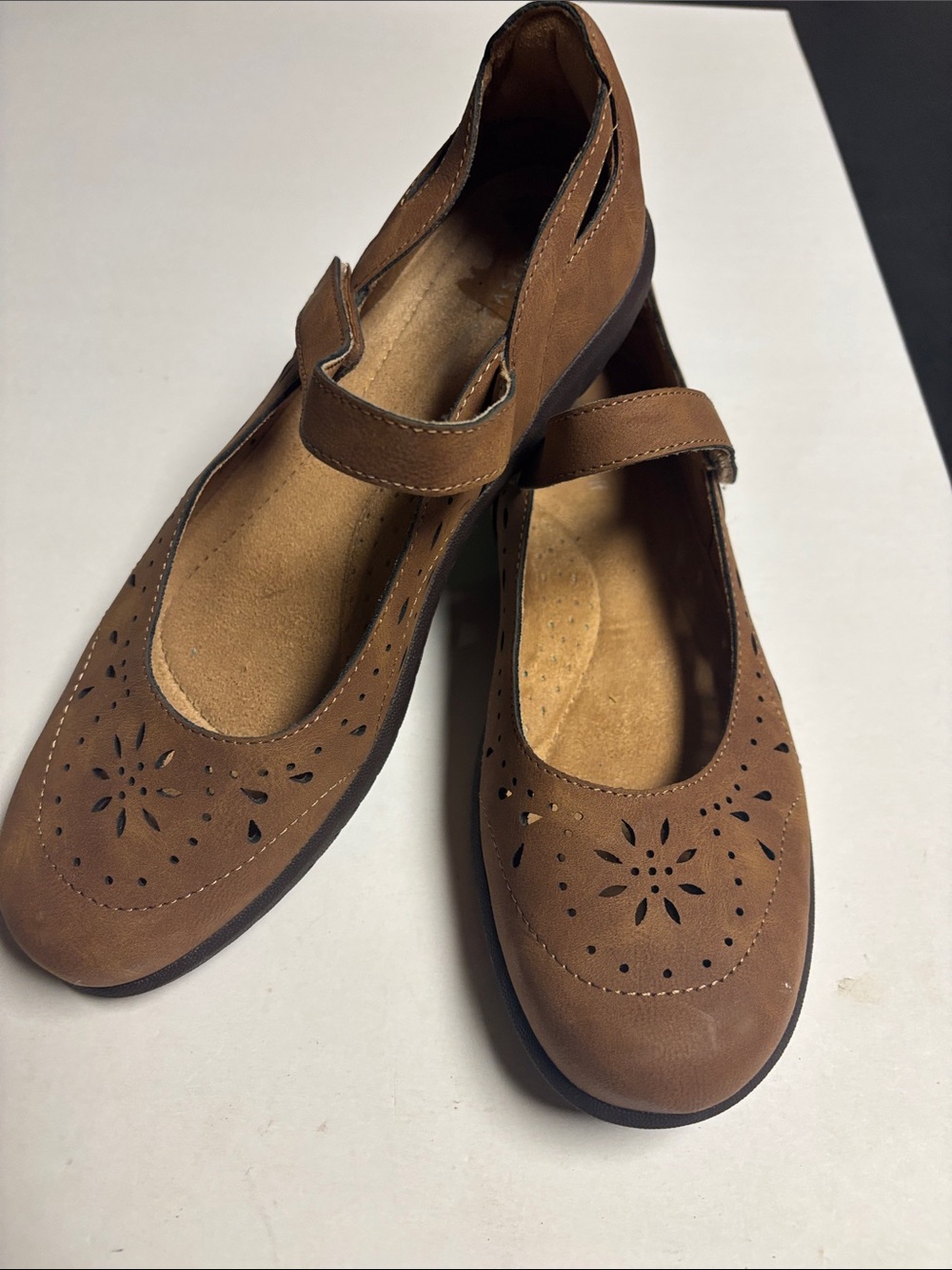Easy Spirit Brown Mary Jane Flats with Laser-Cut Floral Detail